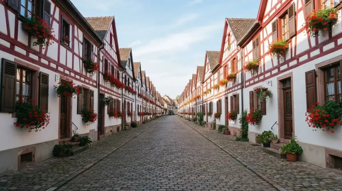 La rue unique d'Ainhoa bordée de maisons blanches à colombages rouges