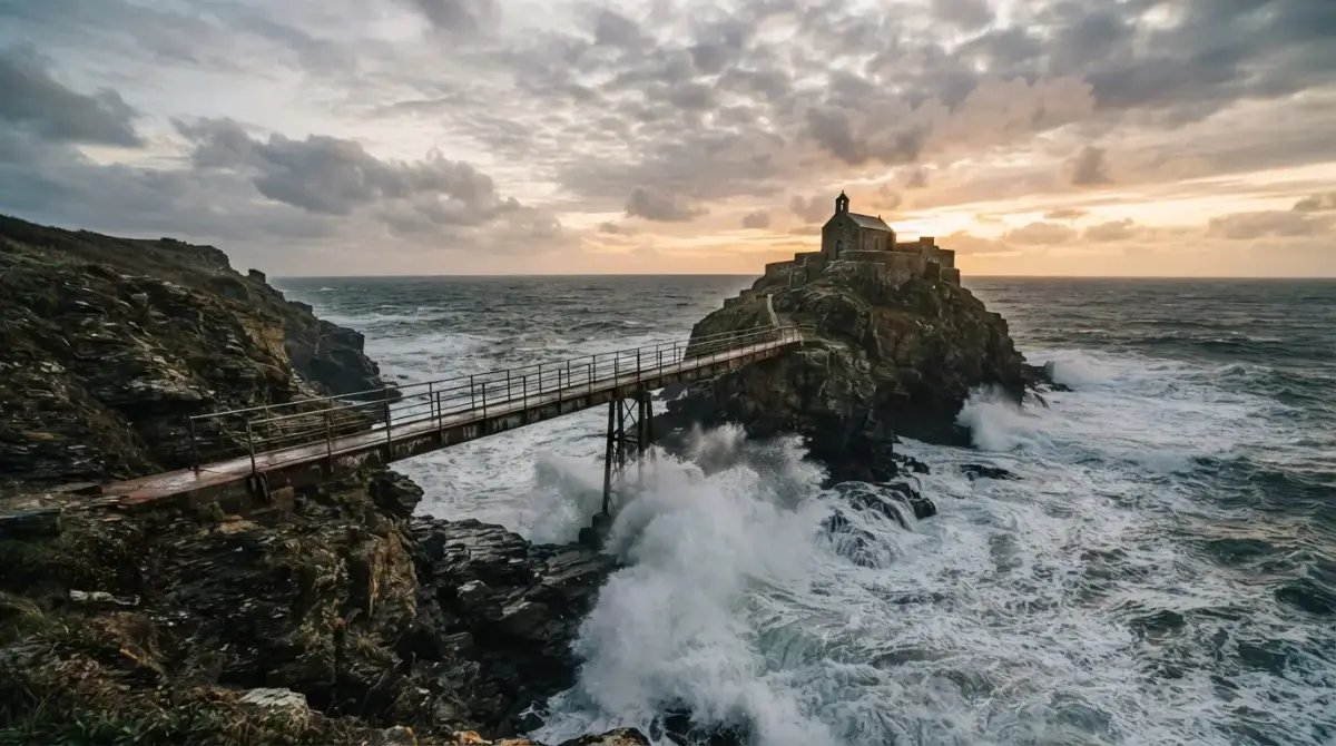 Le rocher de la Vierge et sa passerelle de fer, à Biarritz