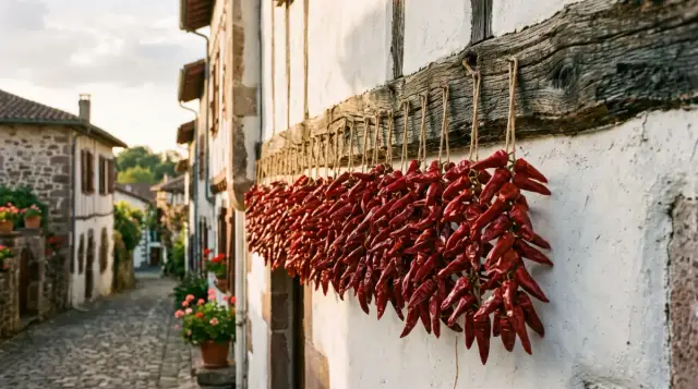Guirlandes de piments d'Espelette séchant sur une façade blanche