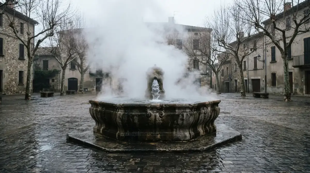 La fontaine chaude de Dax fumant dans l'air froid du matin