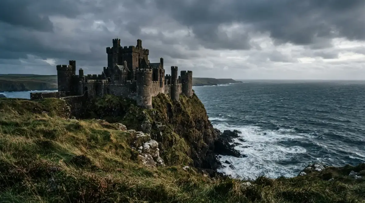Le château d'Abbadia sur sa falaise, au-dessus de l'océan