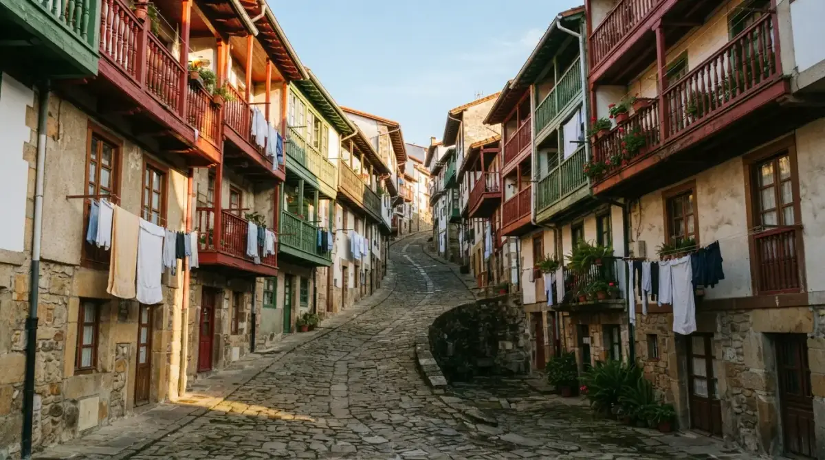 Rue pavée d'Hondarribia et ses balcons de bois peints