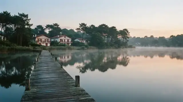 Le lac marin d'Hossegor et ses villas, au lever du jour