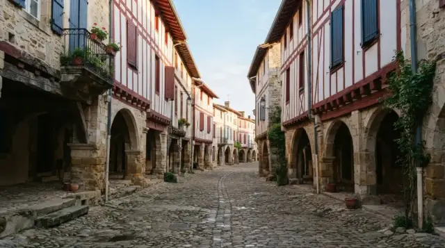 Rue à arcades et maisons à colombages de La Bastide-Clairence