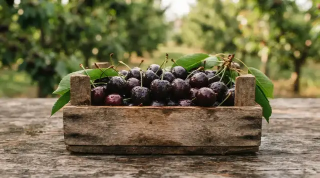 Cerises noires d'Itxassou dans une cagette de bois, devant un verger