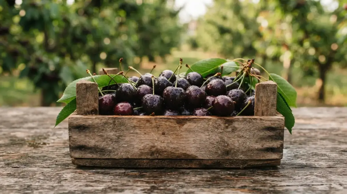 Cerises noires d'Itxassou dans une cagette de bois, devant un verger