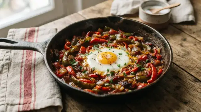 Piperade aux poivrons dans une poêle en fonte, sur une table de bois