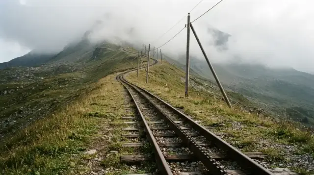 Voie du train à crémaillère de la Rhune montant dans l'herbe rase