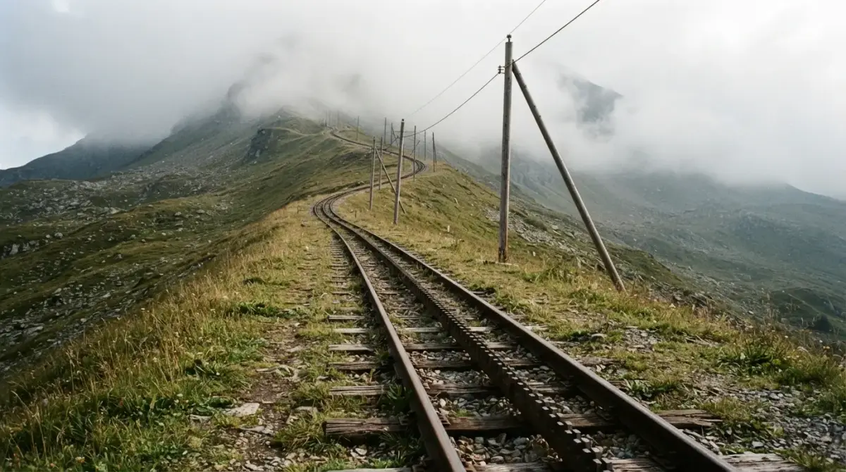 Voie du train à crémaillère de la Rhune montant dans l'herbe rase