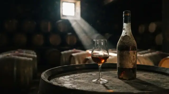 Verre d'armagnac et bouteille poussiéreuse sur un fût de chêne, dans un chai