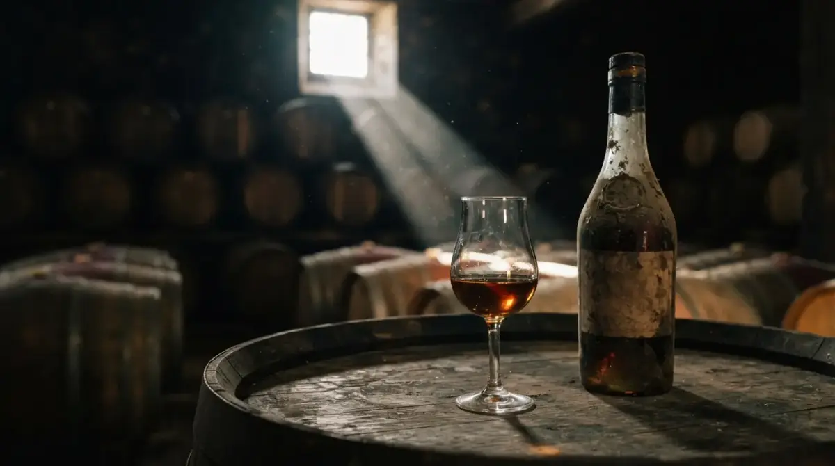 Verre d'armagnac et bouteille poussiéreuse sur un fût de chêne, dans un chai