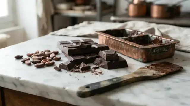 Chocolat noir cassé, fèves de cacao et moule en cuivre sur un marbre