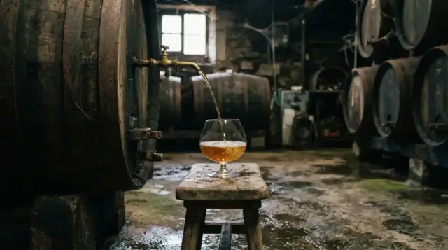 Cidre jaillissant d'un foudre de chêne dans une cidrerie basque
