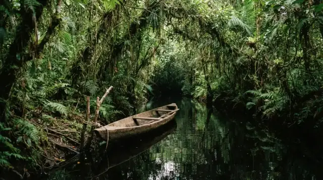 Barque à fond plat sur le courant d'Huchet, sous la végétation