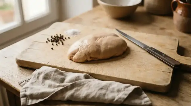 Foie gras cru des Landes sur une planche, avec sel et poivre