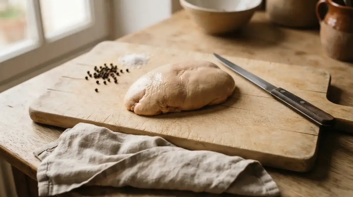 Foie gras cru des Landes sur une planche, avec sel et poivre