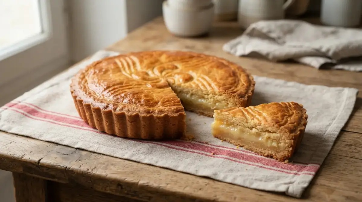 Gâteau basque entamé laissant voir sa crème, sur un torchon à rayures