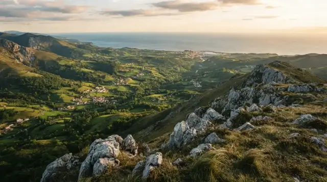 Sommet rocheux du Mondarrain, vue plongeante sur la vallée et l'océan