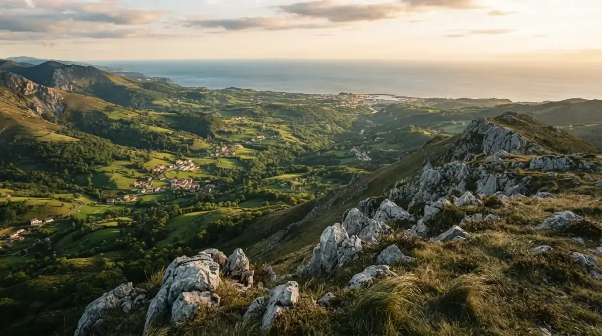 Sommet rocheux du Mondarrain, vue plongeante sur la vallée et l'océan