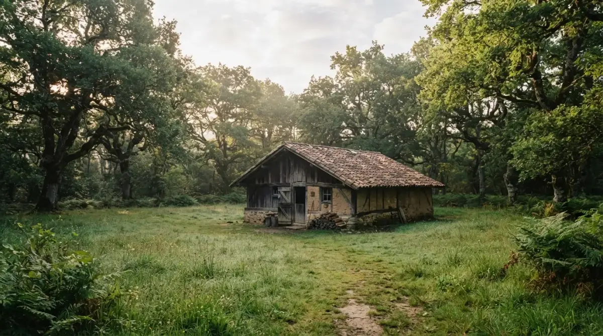 Airial landais et sa bergerie de bois, dans une clairière de chênes