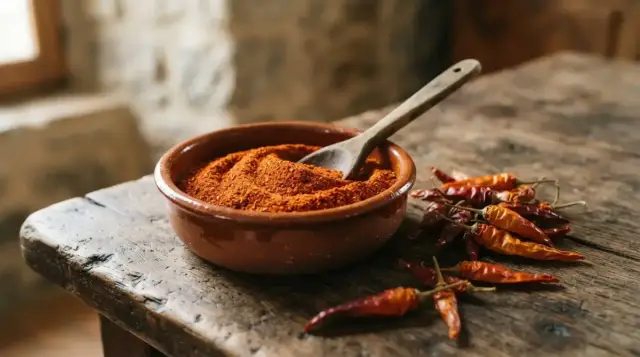 Poudre de piment d'Espelette dans un bol de terre cuite et piments séchés