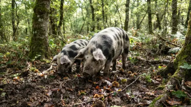 Porcs Kintoa pie noir fouillant le sol d'un sous-bois de châtaigniers