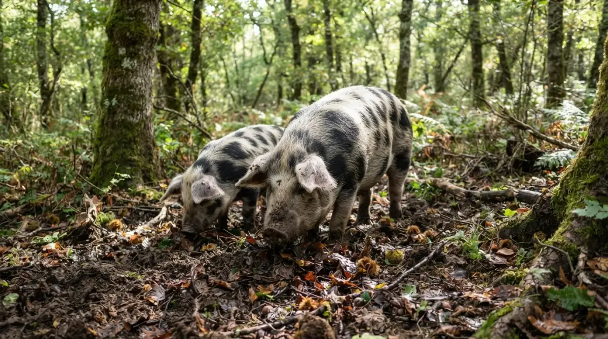 Porcs Kintoa pie noir fouillant le sol d'un sous-bois de châtaigniers