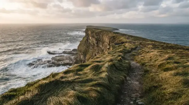Sentier du littoral basque au bord de la falaise, au-dessus de l'océan