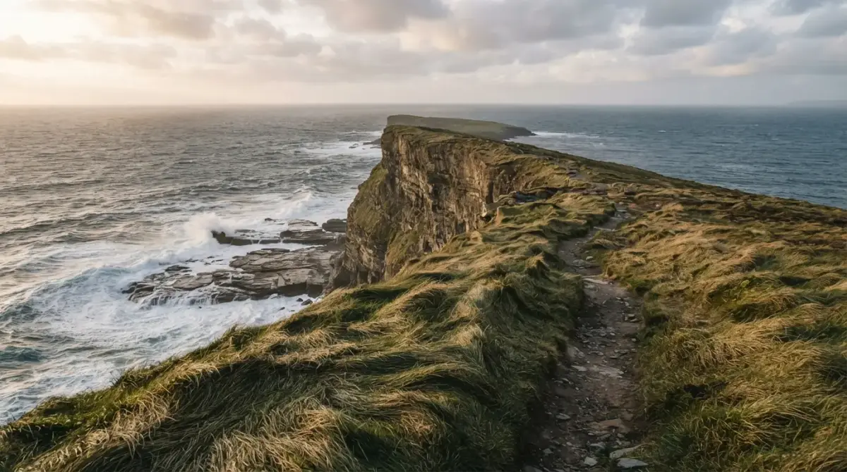 Sentier du littoral basque au bord de la falaise, au-dessus de l'océan