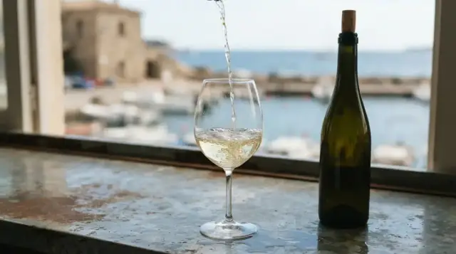Txakoli versé de haut dans un verre large, sur un comptoir de zinc