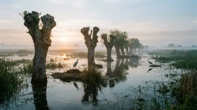 Les barthes de l'Adour inondées au petit matin, avec leurs saules têtards