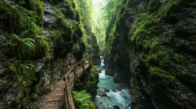 Les gorges de Kakuetta, passerelle accrochée aux parois moussues