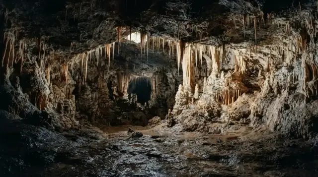 Concrétions calcaires dans une salle souterraine des grottes d'Isturitz