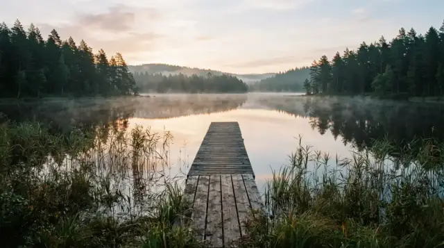 Ponton de bois sur un lac landais bordé de pins, au lever du jour