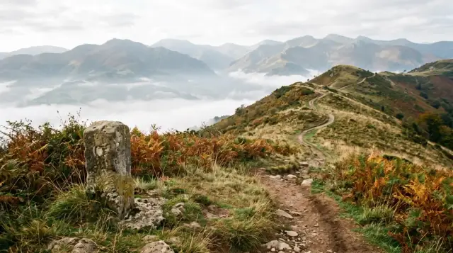 Sentier de crête dans les Pyrénées basques, au-dessus d'une mer de nuages