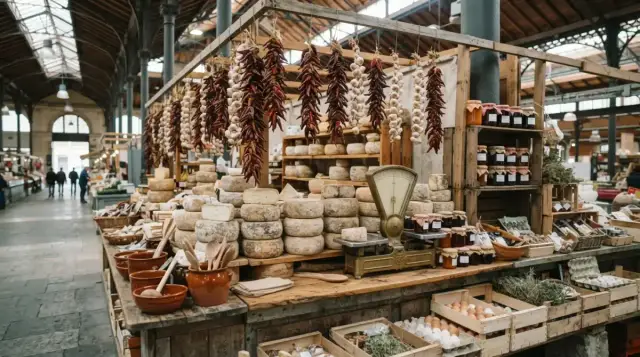 Étal de marché basque : fromages de brebis, piments séchés et bocaux