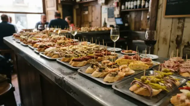 Comptoir couvert de pintxos piqués de brochettes, dans un bar basque
