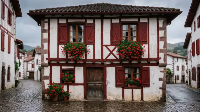 Façade de maison basque à colombages rouges sur une ruelle pavée