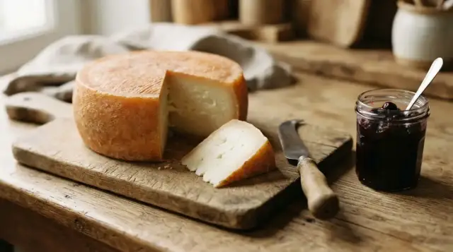 Meule d'Ossau-Iraty entamée, avec de la confiture de cerise noire