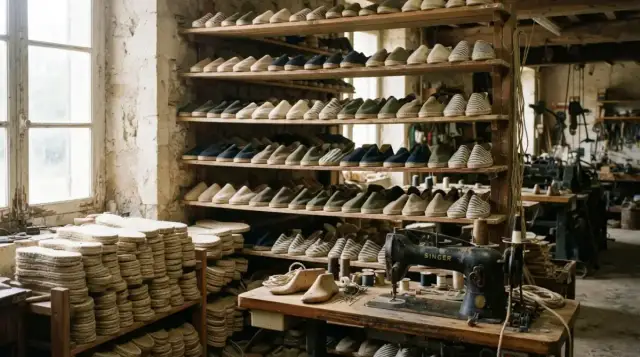 Espadrilles et semelles de jute alignées dans un atelier de Mauléon