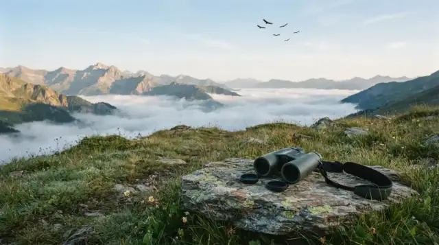 Jumelles posées sur un rocher au col d'Organbidexka, vallées dans la brume