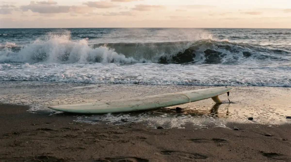 Planche de surf dans le sable devant une vague qui déferle