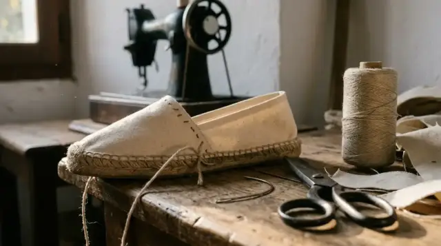 Espadrille de toile écrue cousue sur sa semelle de corde, bobine et ciseaux sur un établi