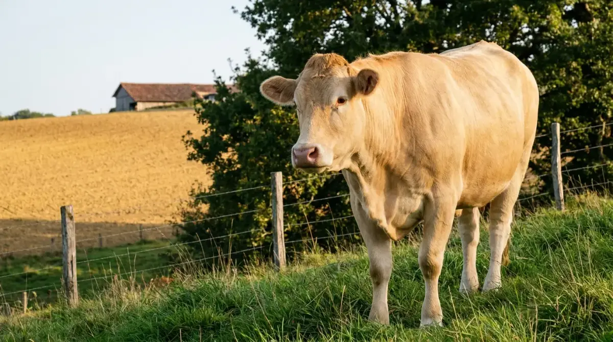 Blonde d'Aquitaine à la robe froment dans une prairie clôturée, coteau labouré derrière