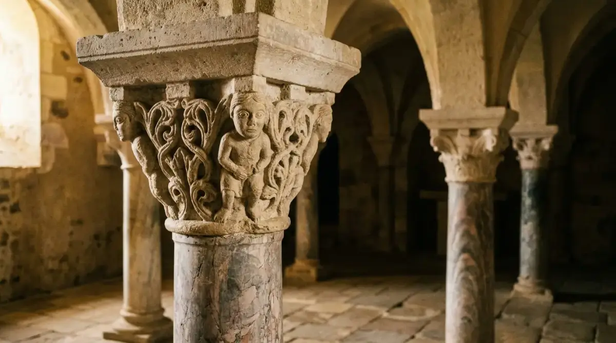 Chapiteau roman sculpté d'un personnage et de rinceaux, sur une colonne de marbre veiné