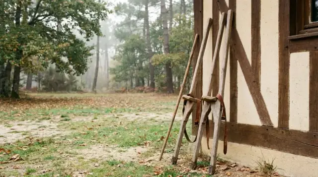 Paire d'échasses de bois à lanières de cuir appuyée contre un mur à colombage