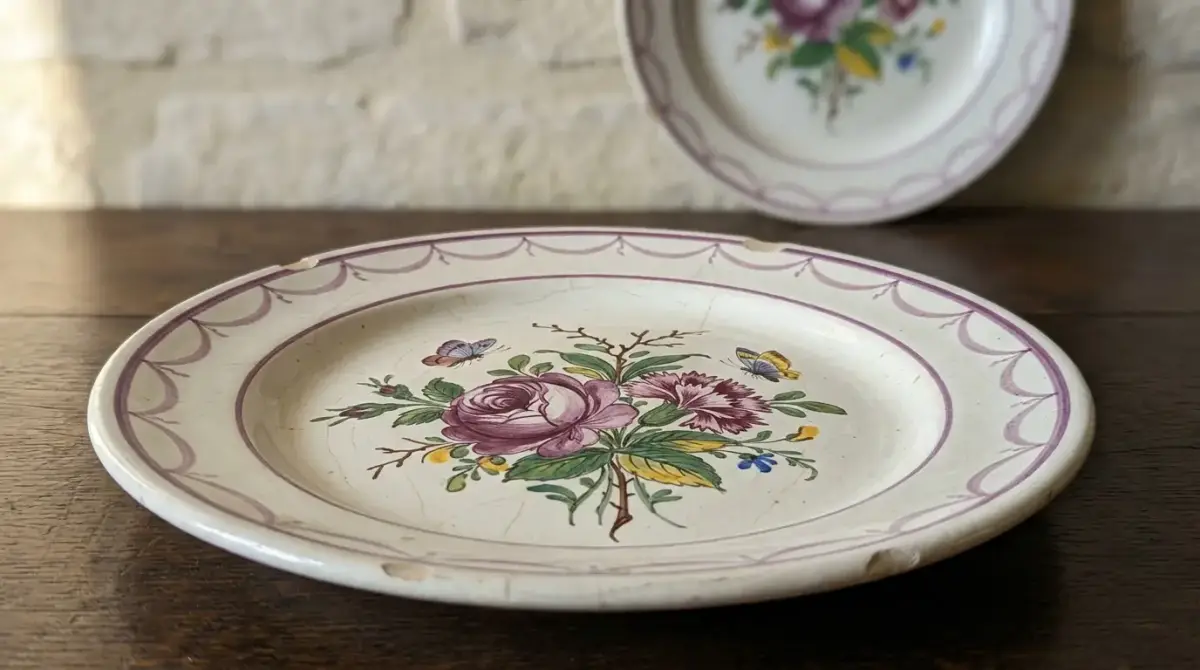 Assiette de faïence blanche à grosse rose de manganèse, œillet et papillons, posée sur du chêne