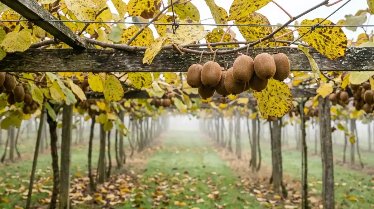Grappe de kiwis mûrs suspendue à la pergola, feuilles jaunies et rangs dans la brume