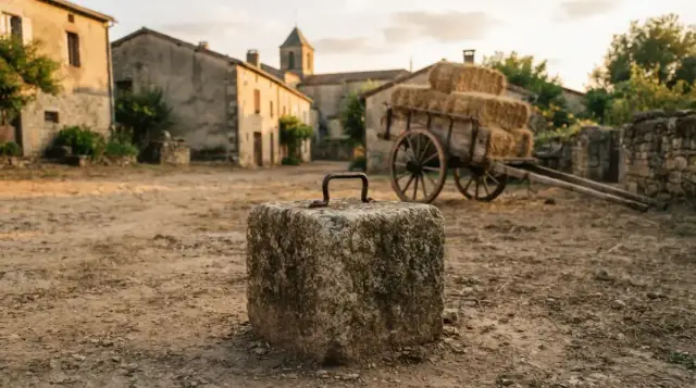 Pierre de granit à soulever, posée sur la terre battue d'une place de village
