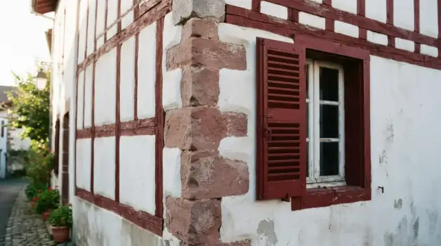 Angle d'une maison basque : colombages rouges, chaux blanche et grès rose